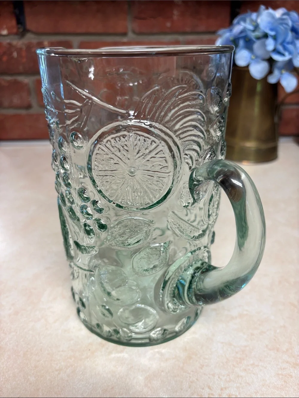 Vintage Mid-Century Modern-Style Embossed Glass Pitcher With Raised Fruit Motif